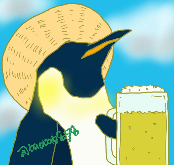 生ビールを持ったペンギンのイラスト画像