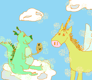 恐竜の奥さんがユニコーンに卵をくれた、イラスト画像