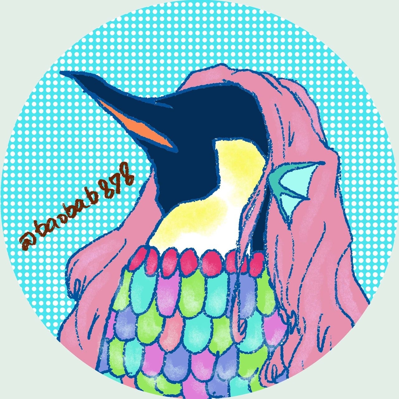 アマビエのコスプレをしたペンギンのイラスト画像